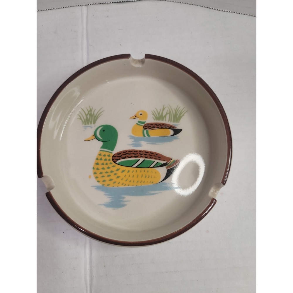 Vintage ashtray ceramic France hand painted mallard ducks design 5in